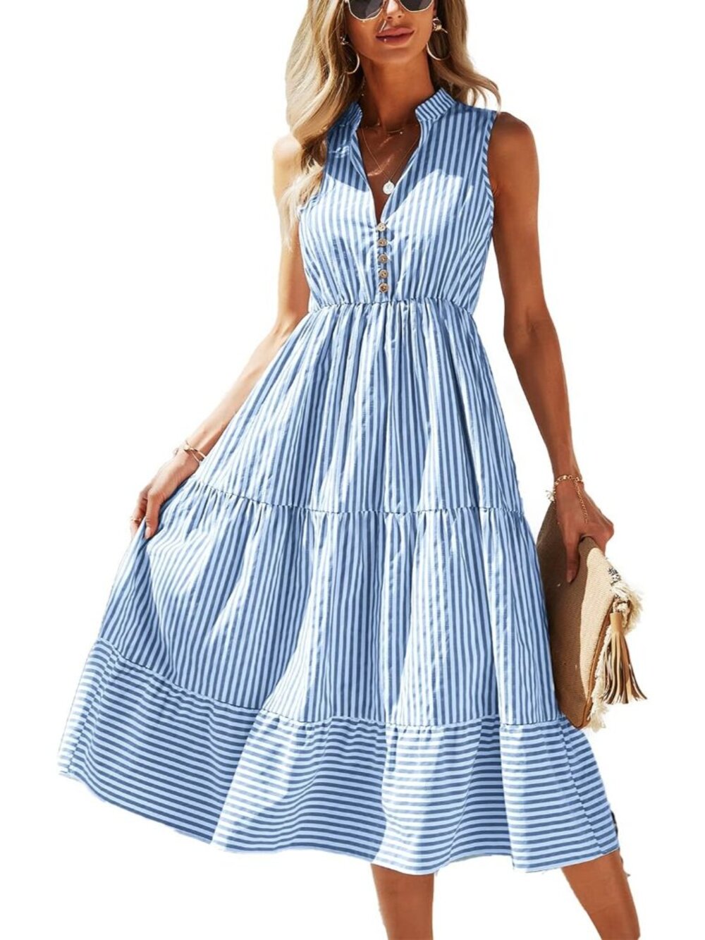 Women's Light Blue Summer Sleeveless Dress Collar Striped V Neck Casual Midi